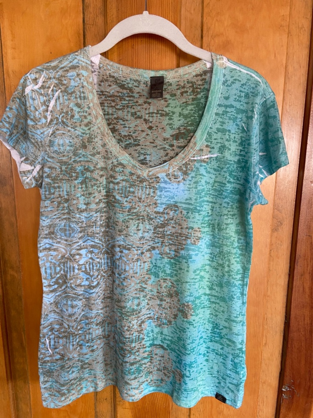 Prana Green Patterned V-Neck Short Sleeve Top